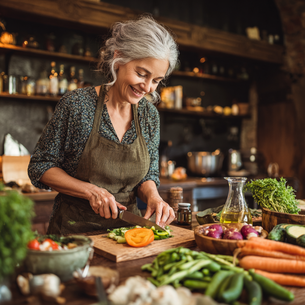 Happy middle-aged woman cooking healthy meal with fresh ingredients