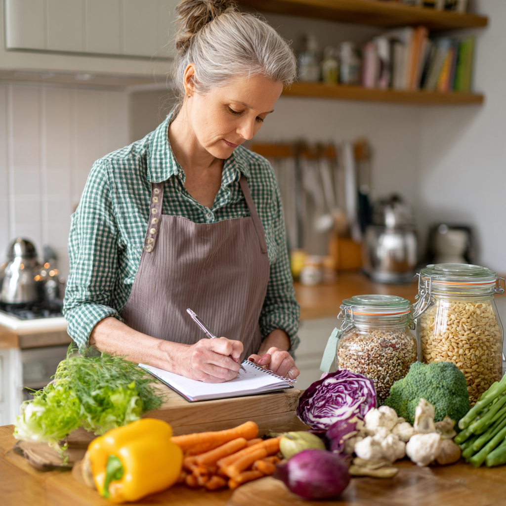 Middle-aged nutritionist preparing healthy meal plan with fresh vegetables and grains